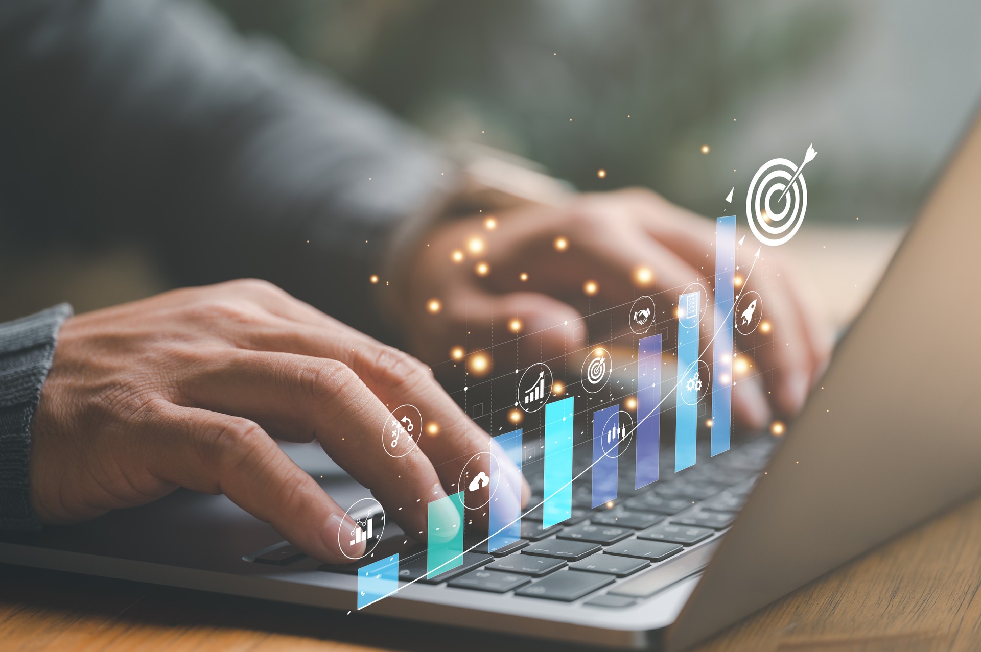 target on business concept, Businessman analyzing company's financial balance sheet working with digital augmented reality graphics. Businessman calculates financial data for long-term investment.